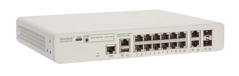 CommScope Ruckus Networks ICX 7150 Compact Switch 12x 10/100/1000 PoE&plus; ports, 2x 1G  RJ45 uplink-ports, 2x 10G  SFP, 124W PoE