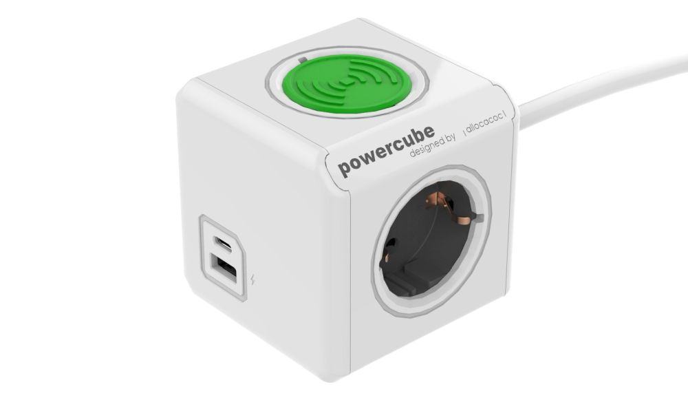 Allocacoc Powercube, Extended USB A&plus;C WirelessCharger, 3xDosen(CEE7)->Stecker(CEE7), 1,5m, weiss/grau