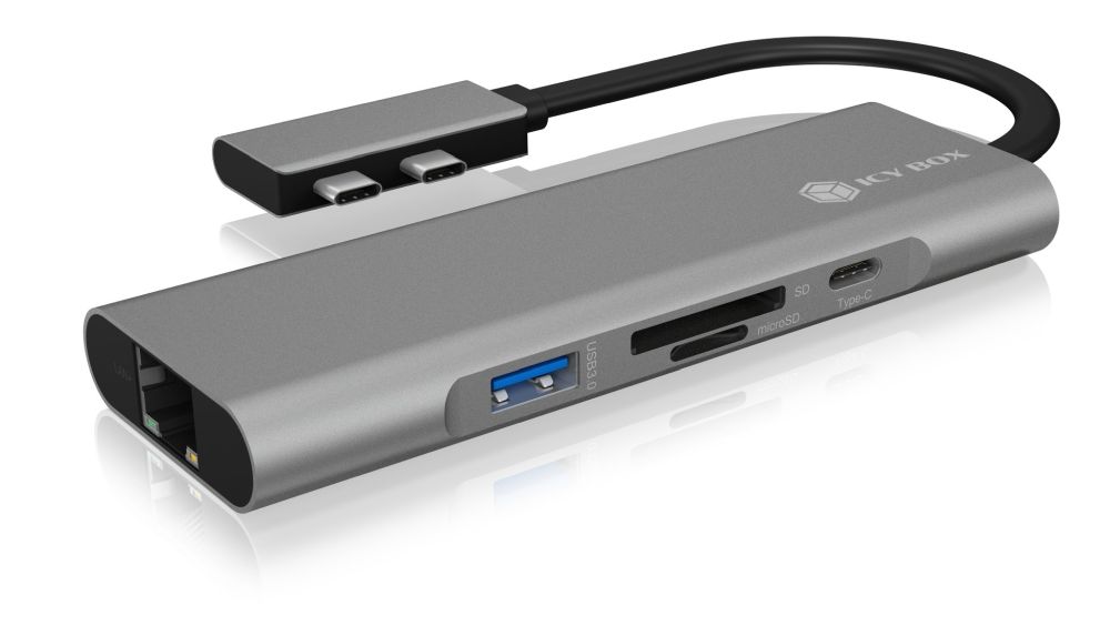 ICY Box Adapter, USB Type-C dual Dockingstation(USB 3.0 Type-A&plus;C/HDMI 2x/LAN/1&plus;1 SD/microSD 2.0 (UHS-I) Kartenleser), IB-DK4043-2C,