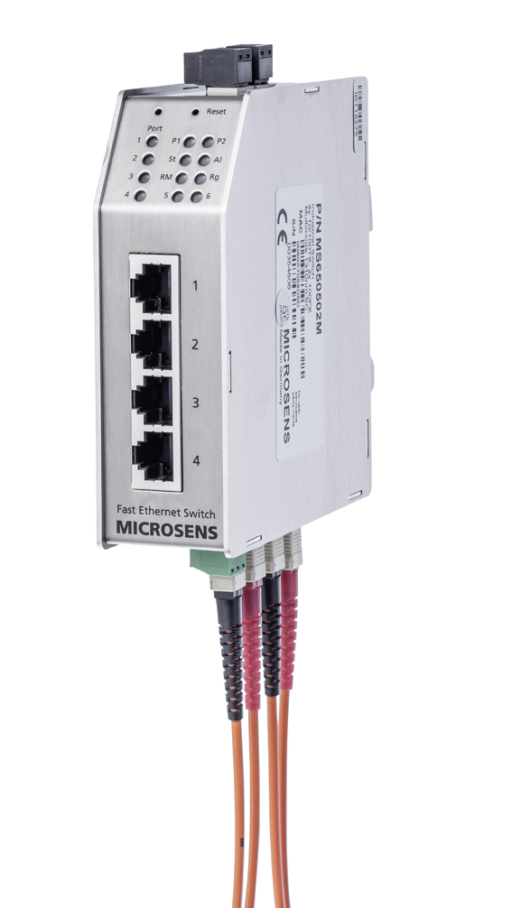 Microsens Industrie 6 Port Fast Ethernet Switch mit Ring-Funktion,  2 x ST duplex (Singlemode), 4 x RJ45, MS650505M