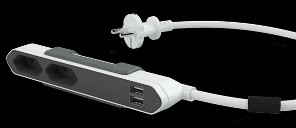 Allocacoc PowerBar, 2xDosen(CEE7/16)->Stecker(CEE7), USB, 1,5m, weiss/grau