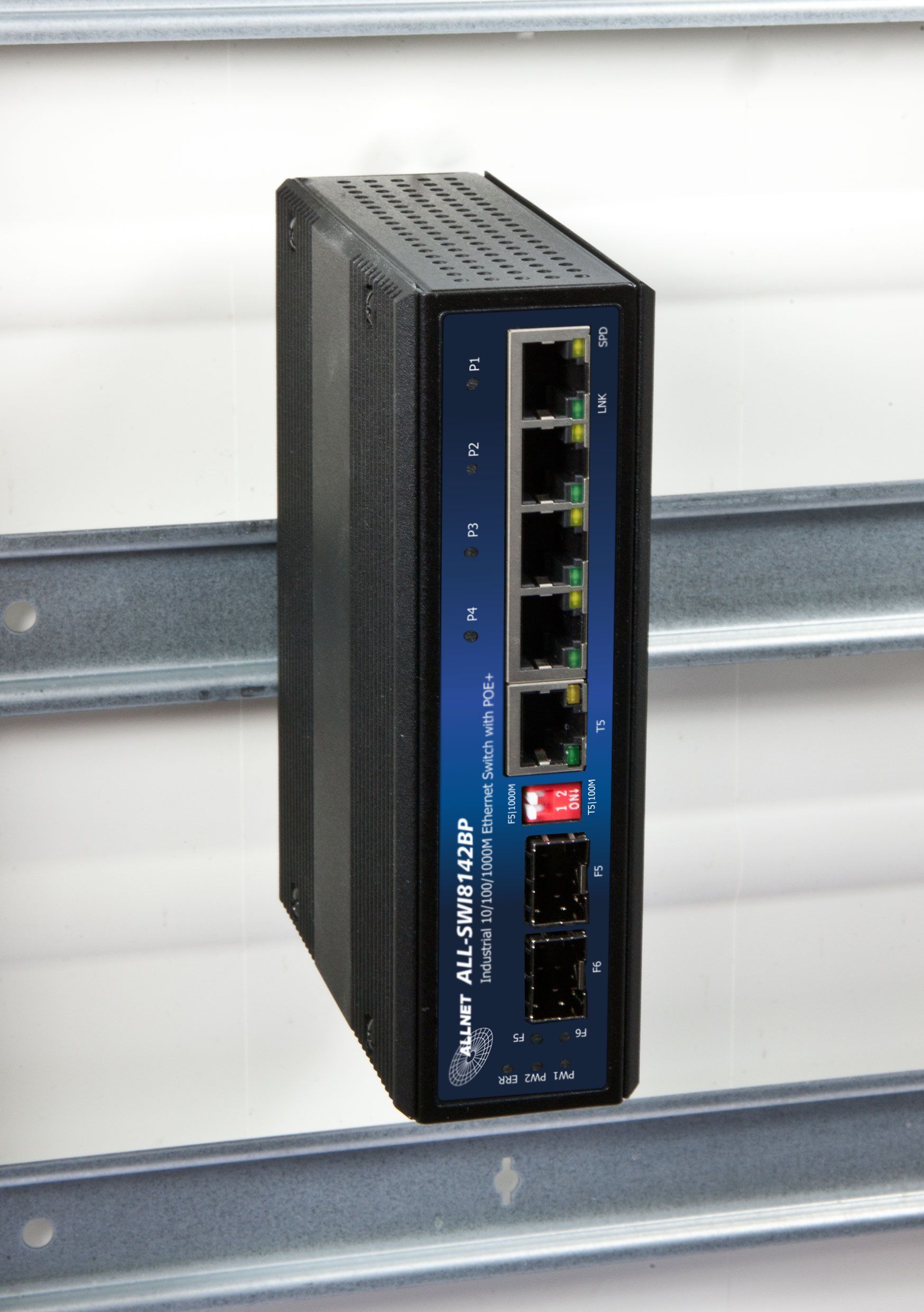ALLNET Switch unmanaged industrial 4 Port Gigabit 126W / 4x PoE&plus; / 1x LAN / 1x SFP oder 1x SFP / DIN / Power Booster / "ALL-SWI8142BP"