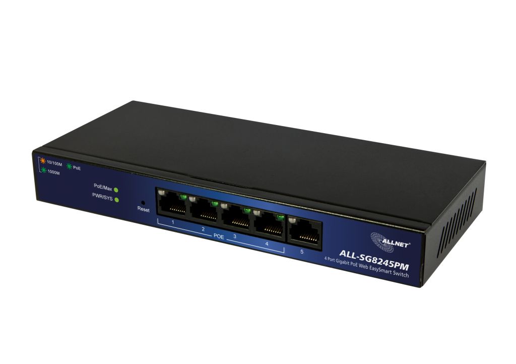 ALLNET Switch smart managed 5 Port Gigabit 60W / 4x PoE&plus; / 1x LAN / Lüfterlos "ALL-SG8245PM"