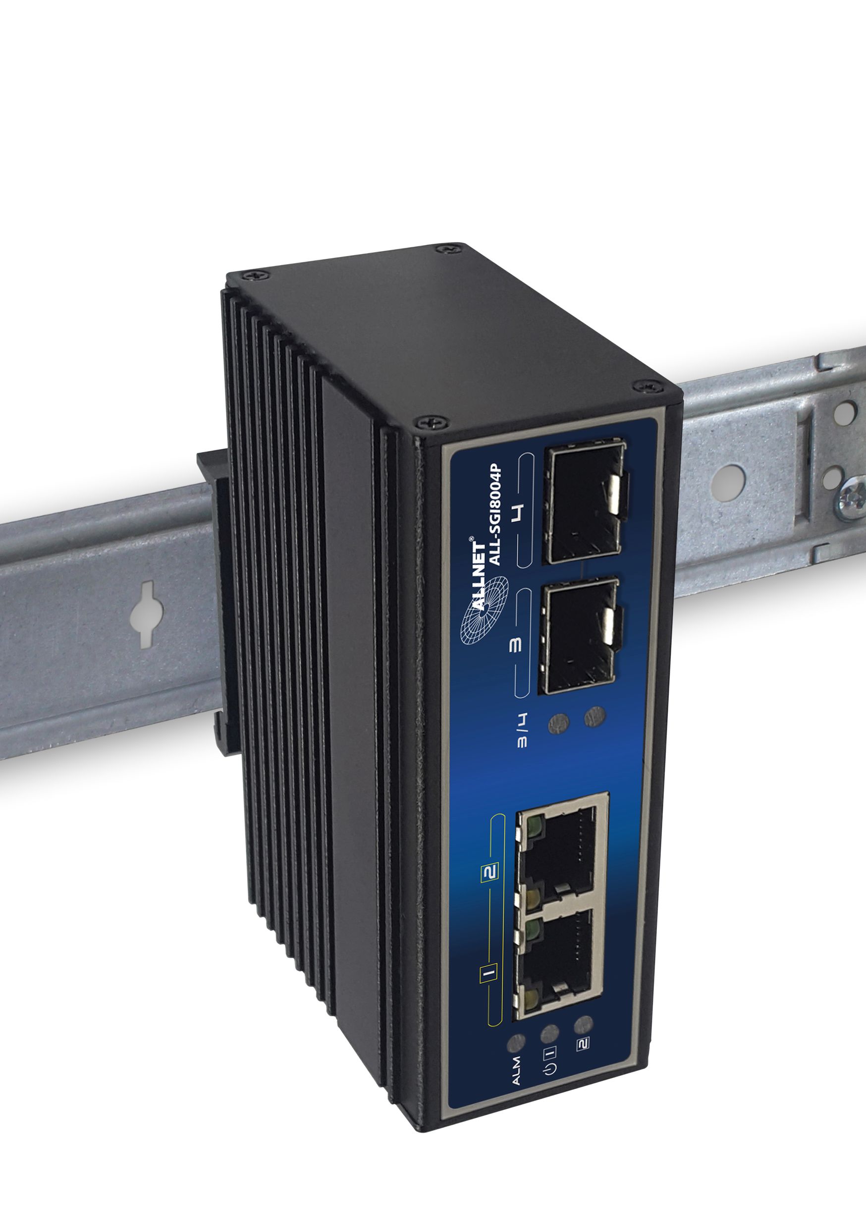 ALLNET Switch unmanaged industrial 4 Port Gigabit 60W / 2x PoE&plus; / 2x SFP / Lüfterlos / DIN / IP40 / "ALL-SGI8004P"