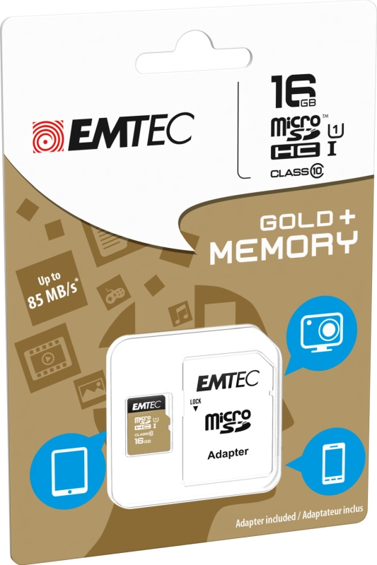 Flash SecureDigitalCard (SD)  16GB *EMTEC* Gold&plus; microSDHC - Class 10 &plus; Adapter