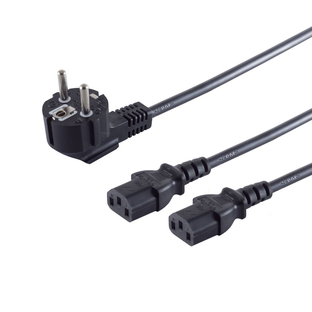 Netzkabel 230V Schutzkontakt CEE7(Stecker)->2xKaltgeräte IEC-C13(Buchse), 1,8m, Schwarz, Y-Netzanschlusskabel