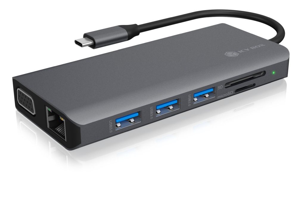 ICY Box Adapter, USB Type-C Dockingstation(USB 3.0 Type-A&plus;C/2xHDMI/DP(Displayport)VGA/LAN/SD&plus;micro Kartenleser), IB-DK4050-CPD,